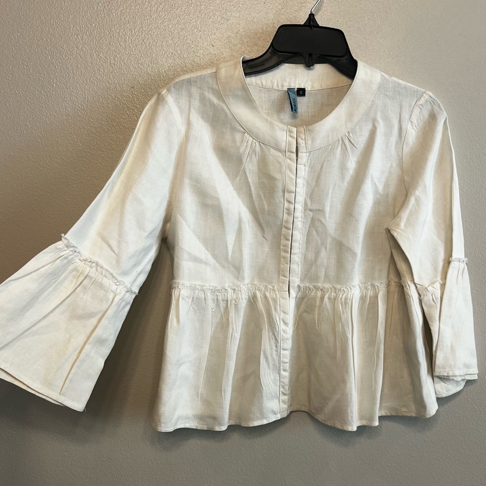 Chic Cream Womens Peplum Ruffle Linen Hook Closure Blouse Size 8 Natural - Picture 2 of 7